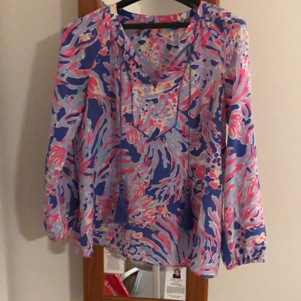 Lilly Pulitzer long sleeve silk top with tassels